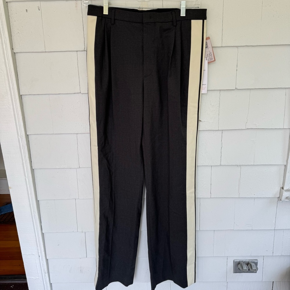 Miu Miu Gabardine Crepe Wool Tuxedo Stripe Pleated Trousers Gray size IT44 NWT